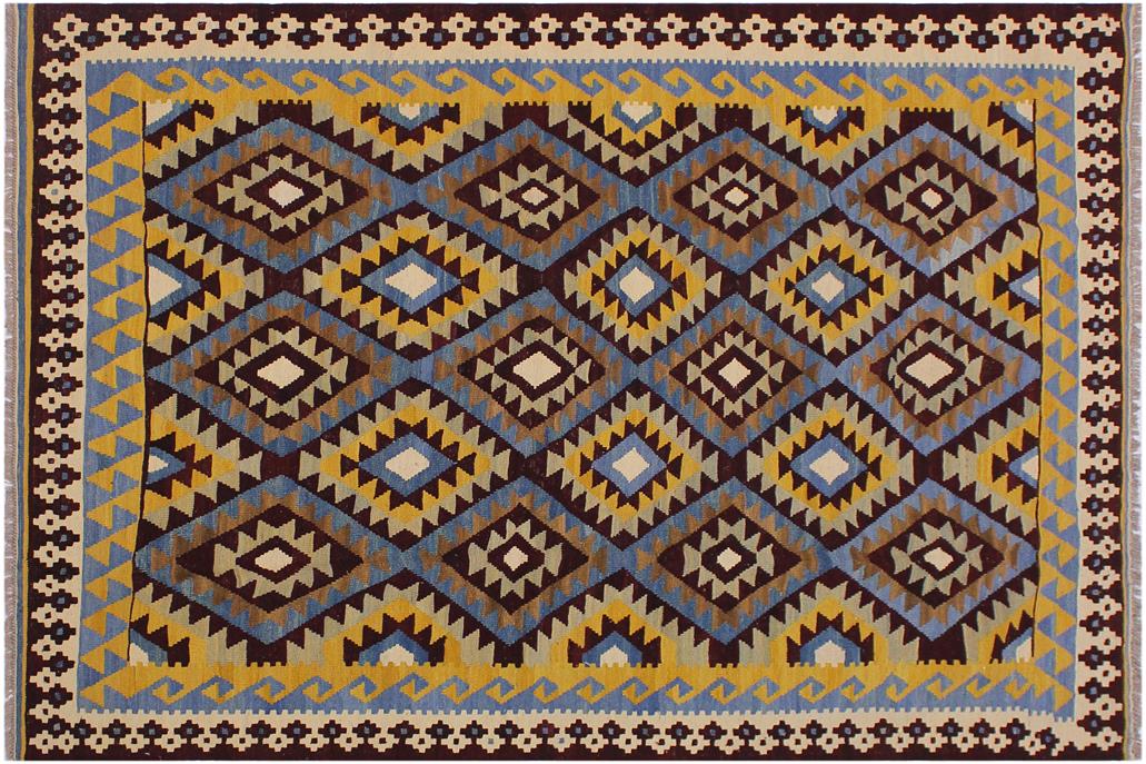 Flat Weave Kilim, Antique, Navaho, Vintage, Handmade, Geometric Kilim Brown Blue Hand-Woven Rectangle 100% Wool Area Rug 6 x 8