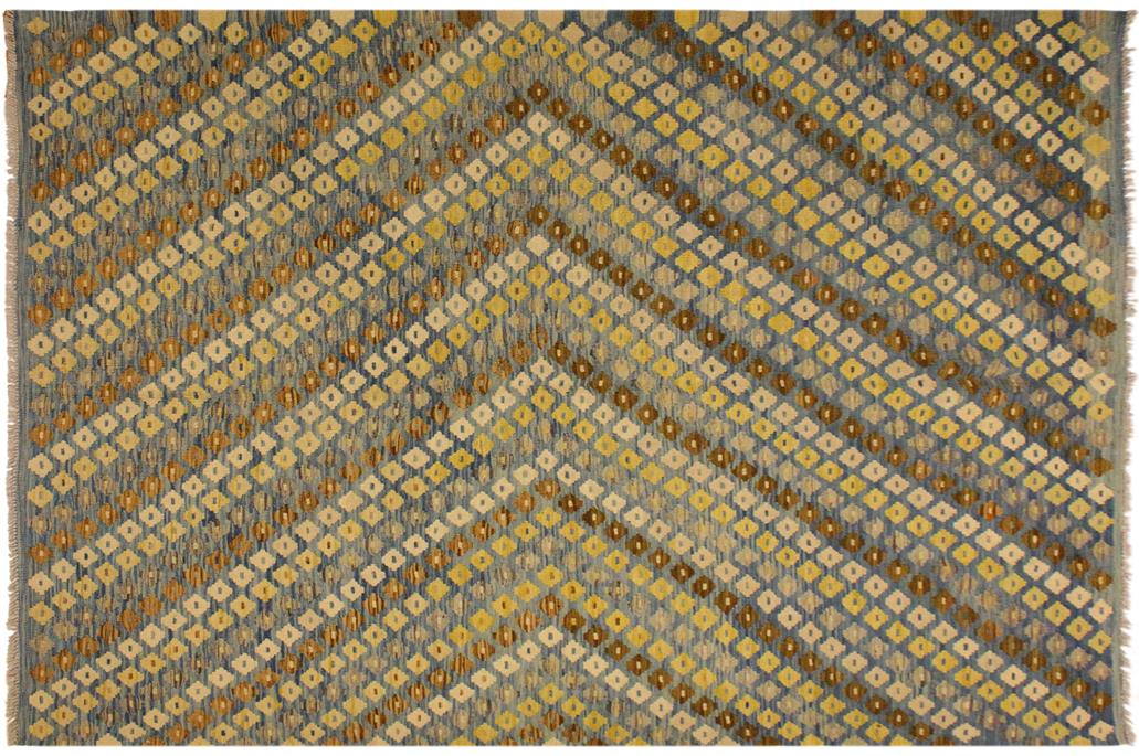 Flat Weave Kilim, Antique, Navaho, Vintage, Handmade, Modern Kilim Blue Brown Hand-Woven Rectangle 100% Wool Area Rug 6 x 8