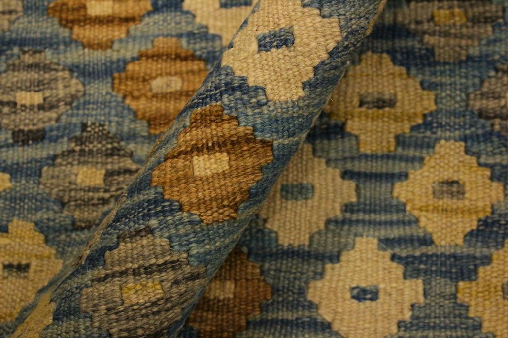 Flat Weave Kilim, Antique, Navaho, Vintage, Handmade, Modern Kilim Blue Brown Hand-Woven Rectangle 100% Wool Area Rug 6 x 8