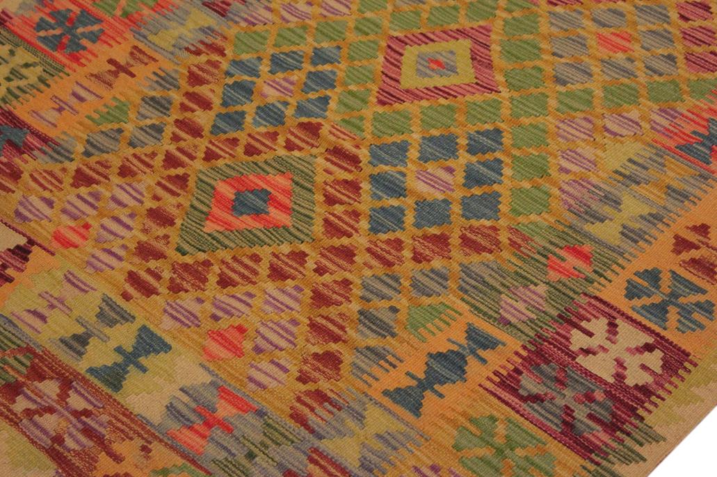 Flat Weave Kilim, Antique, Navaho, Vintage, Handmade, Geometric Kilim Gold Blue Hand-Woven Rectangle 100% Wool Area Rug 4 x 7