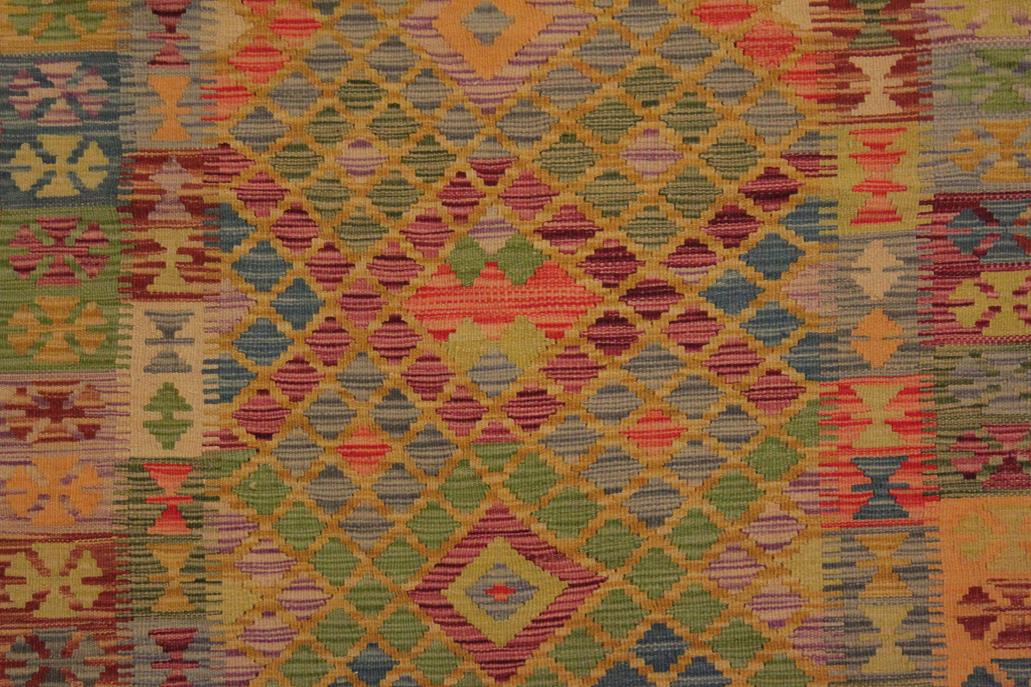 Flat Weave Kilim, Antique, Navaho, Vintage, Handmade, Geometric Kilim Gold Blue Hand-Woven Rectangle 100% Wool Area Rug 4 x 7