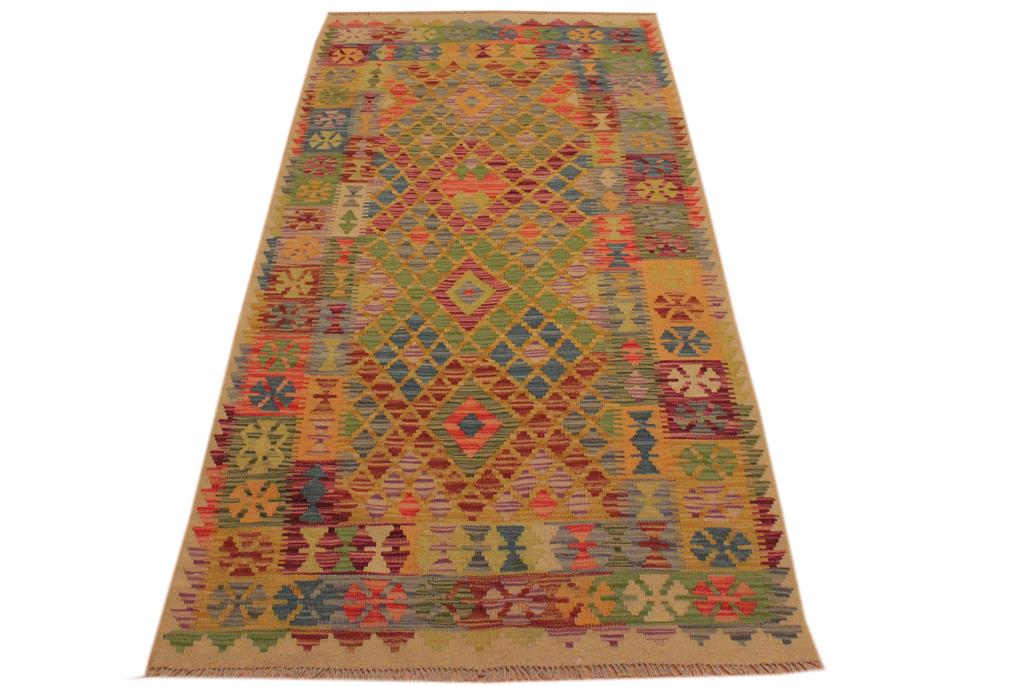 Flat Weave Kilim, Antique, Navaho, Vintage, Handmade, Geometric Kilim Gold Blue Hand-Woven Rectangle 100% Wool Area Rug 4 x 7