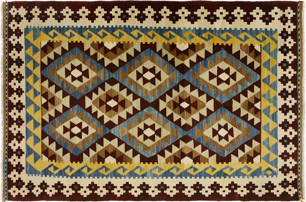 Flat Weave Kilim, Antique, Navaho, Vintage, Handmade, Geometric Kilim Brown Beige Hand-Woven Rectangle 100% Wool Area Rug 4 x 6