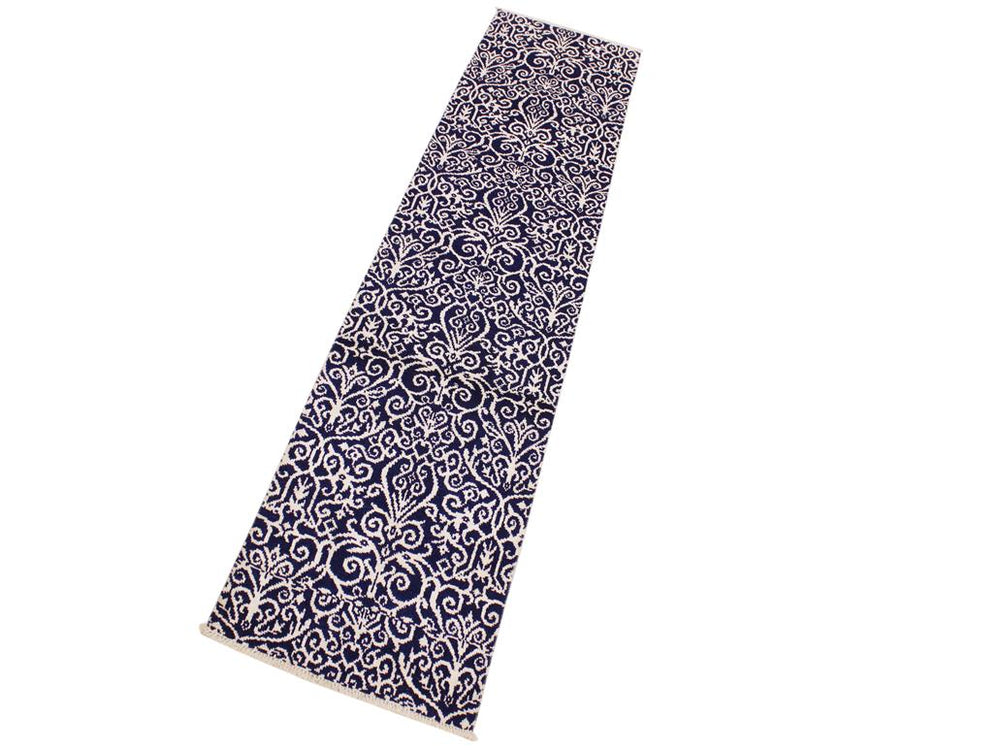 handmade Modern Kafkaz Blue Ivory Hand Knotted RUNNER WOOL&SILK area rug 2x10