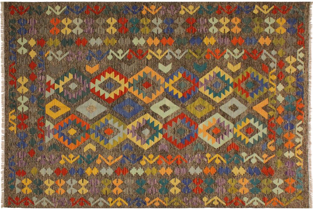 Flat Weave Kilim, Antique, Navaho, Vintage, Handmade, Geometric Kilim Brown Blue Hand-Woven Rectangle 100% Wool Area Rug 6 x 8