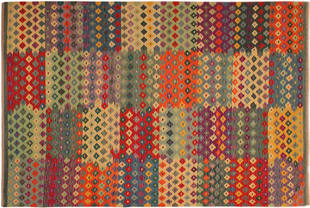 Flat Weave Kilim, Antique, Navaho, Vintage, Handmade, Modern Kilim Green Red Hand-Woven Rectangle 100% Wool Area Rug 7 x 10