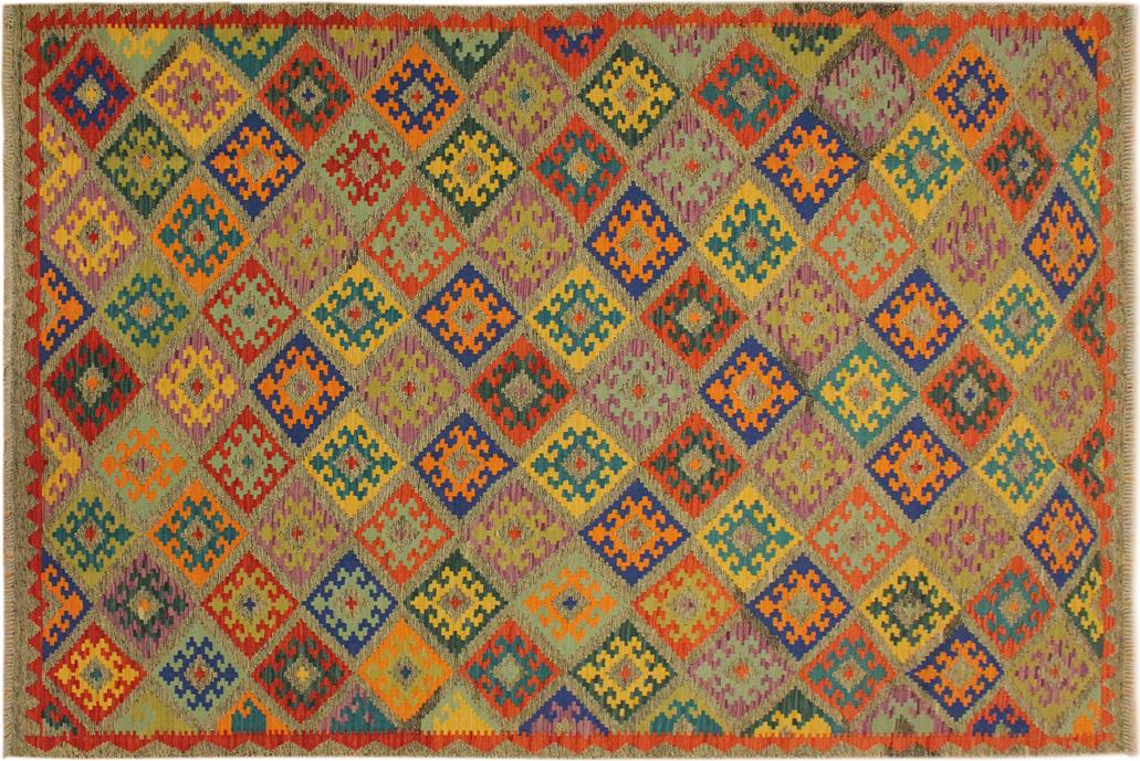 Flat Weave Kilim, Antique, Navaho, Vintage, Handmade, Geometric Kilim Gray Blue Hand-Woven Rectangle 100% Wool Area Rug 7 x 10