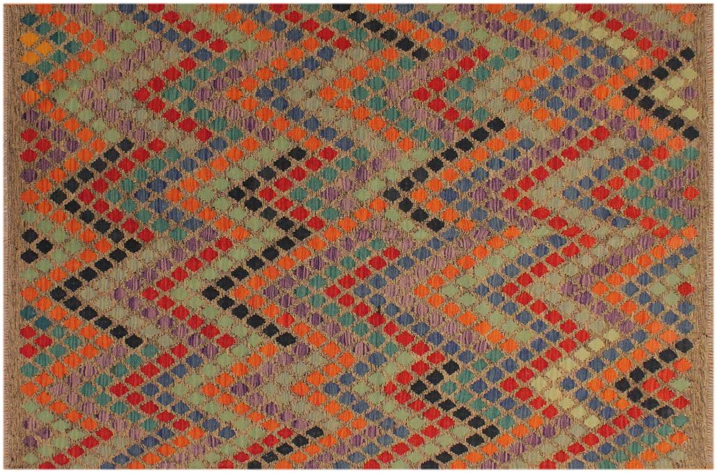 Flat Weave Kilim, Antique, Navaho, Vintage, Handmade, Modern Kilim Brown Blue Hand-Woven Rectangle 100% Wool Area Rug 6 x 8