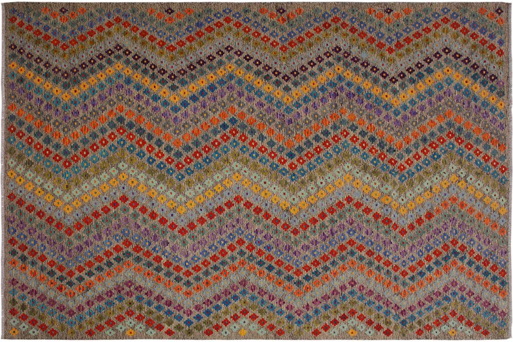 Flat Weave Kilim, Antique, Navaho, Vintage, Handmade, Modern Kilim Grey Blue Hand-Woven Rectangle 100% Wool Area Rug 8 x 11