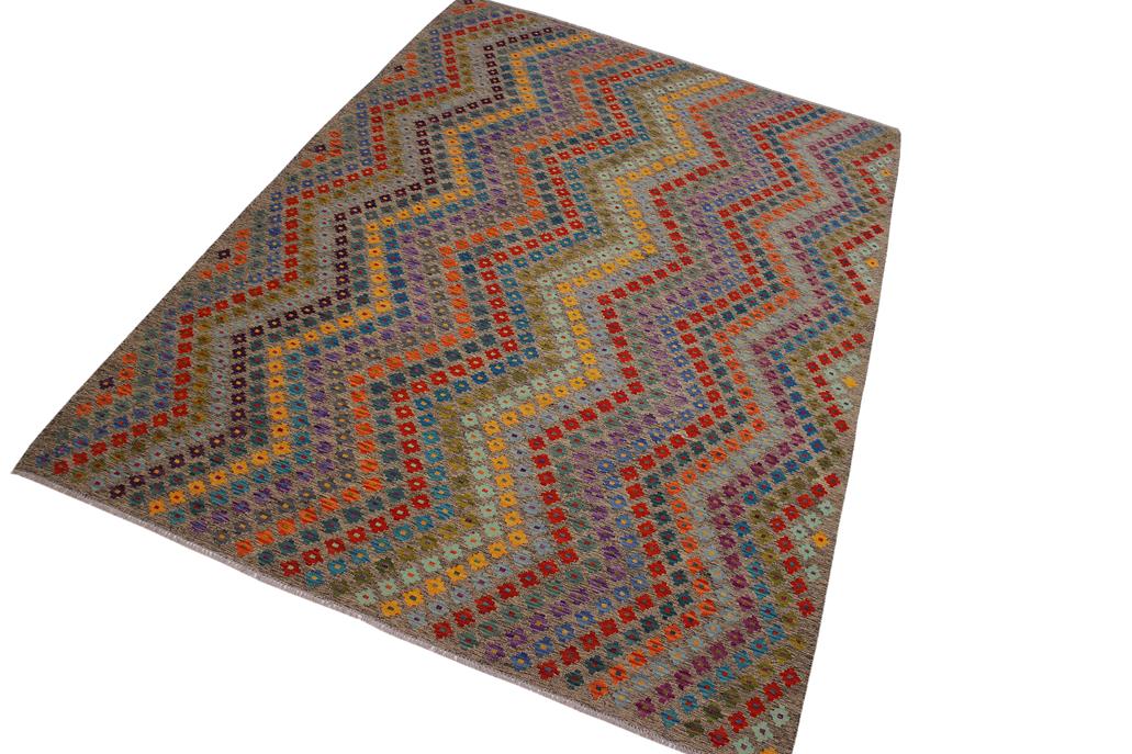 Flat Weave Kilim, Antique, Navaho, Vintage, Handmade, Modern Kilim Grey Blue Hand-Woven Rectangle 100% Wool Area Rug 8 x 11