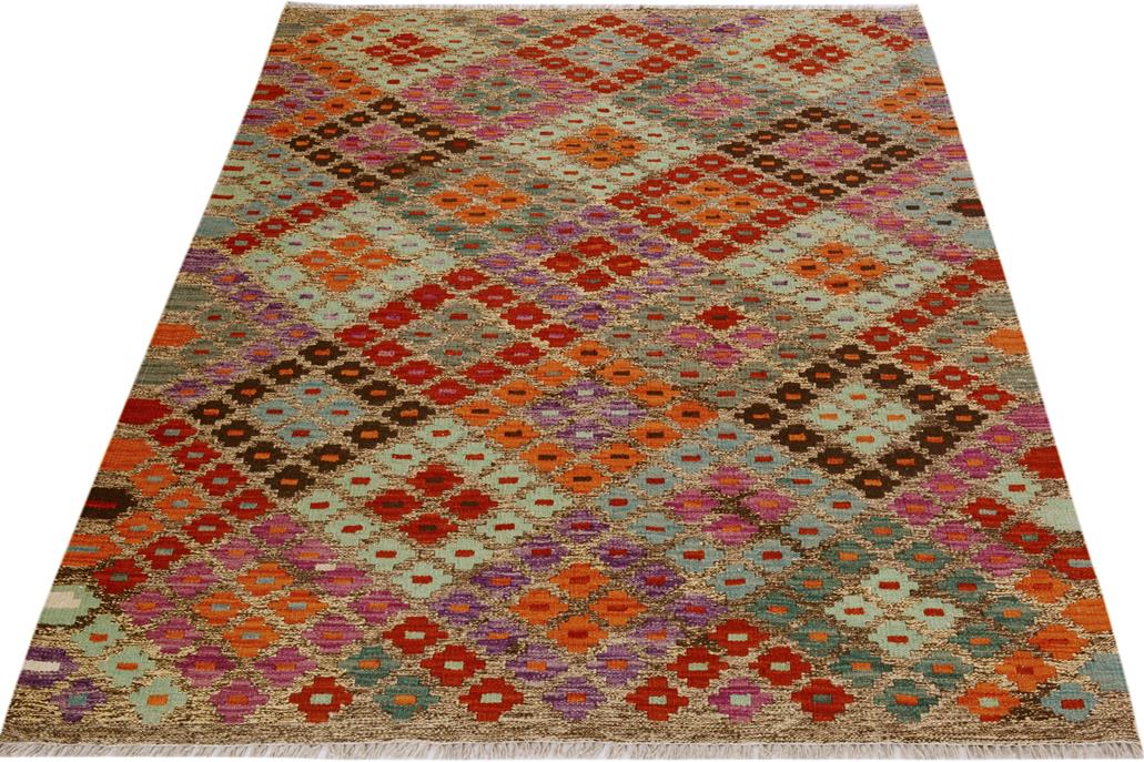 Flat Weave Kilim, Antique, Navaho, Vintage, Handmade, Modern Kilim Brown Red Hand-Woven Rectangle 100% Wool Area Rug 4 x 6