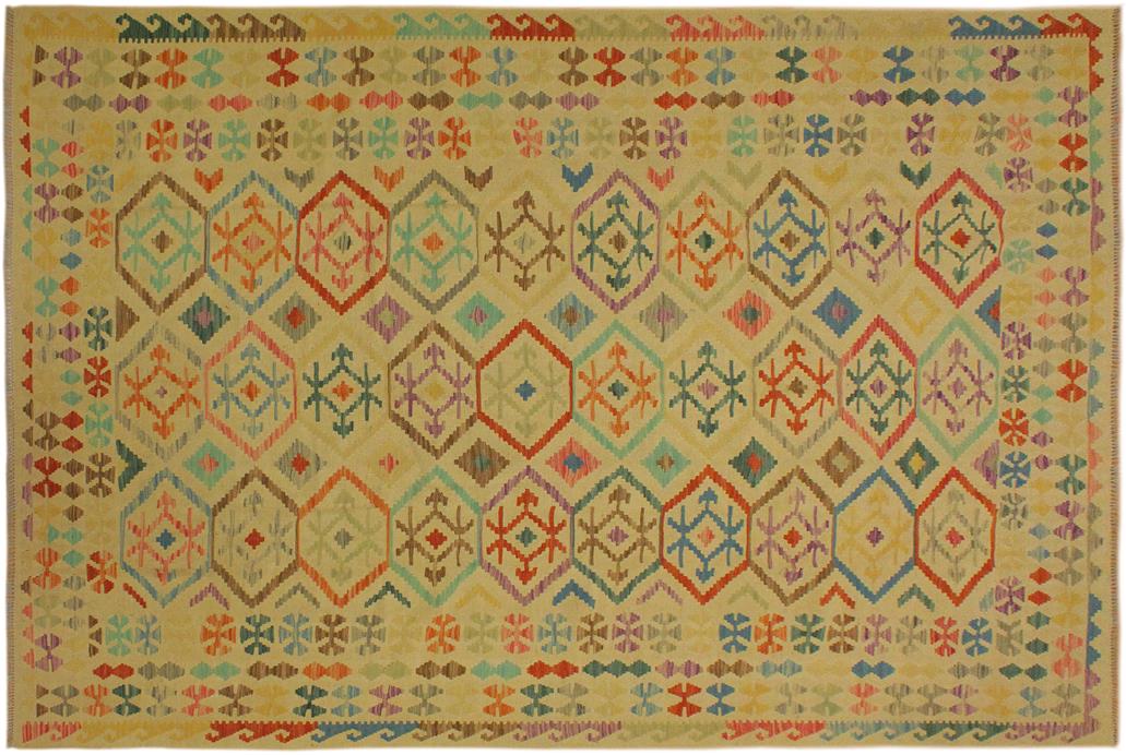 Flat Weave Kilim, Antique, Navaho, Vintage, Handmade, Geometric Kilim Tan Blue Hand-Woven Rectangle 100% Wool Area Rug 7 x 10