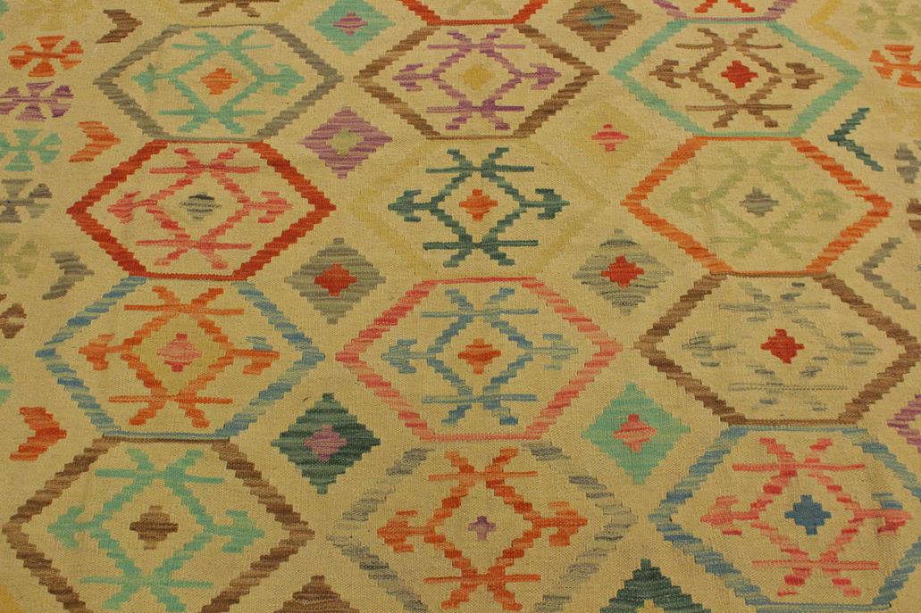 Flat Weave Kilim, Antique, Navaho, Vintage, Handmade, Geometric Kilim Tan Blue Hand-Woven Rectangle 100% Wool Area Rug 7 x 10