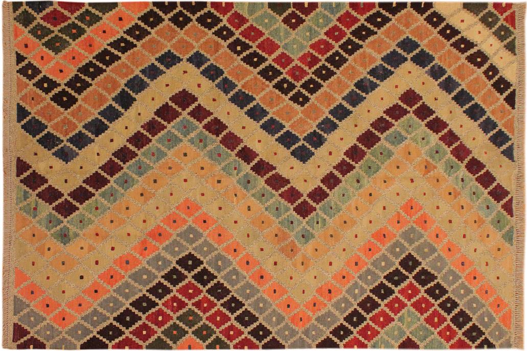 Flat Weave Kilim, Antique, Navaho, Vintage, Handmade, Modern Kilim Tan Beige Hand-Woven Rectangle 100% Wool Area Rug 5 x 7