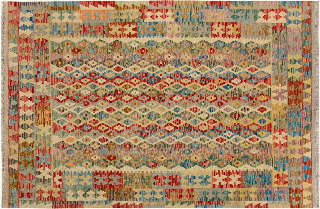 Flat Weave Kilim, Antique, Navaho, Vintage, Handmade, Geometric Kilim Beige Blue Hand-Woven Rectangle 100% Wool Area Rug 5 x 7