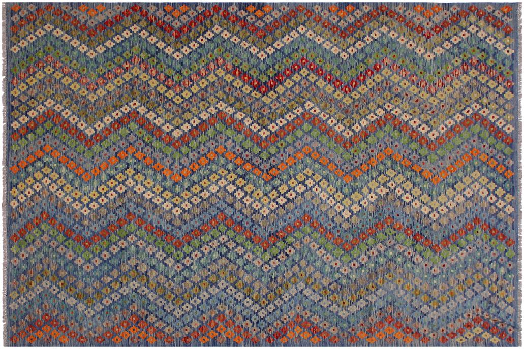 Flat Weave Kilim, Antique, Navaho, Vintage, Handmade, Modern Kilim Blue Red Hand-Woven Rectangle 100% Wool Area Rug 7 x 10