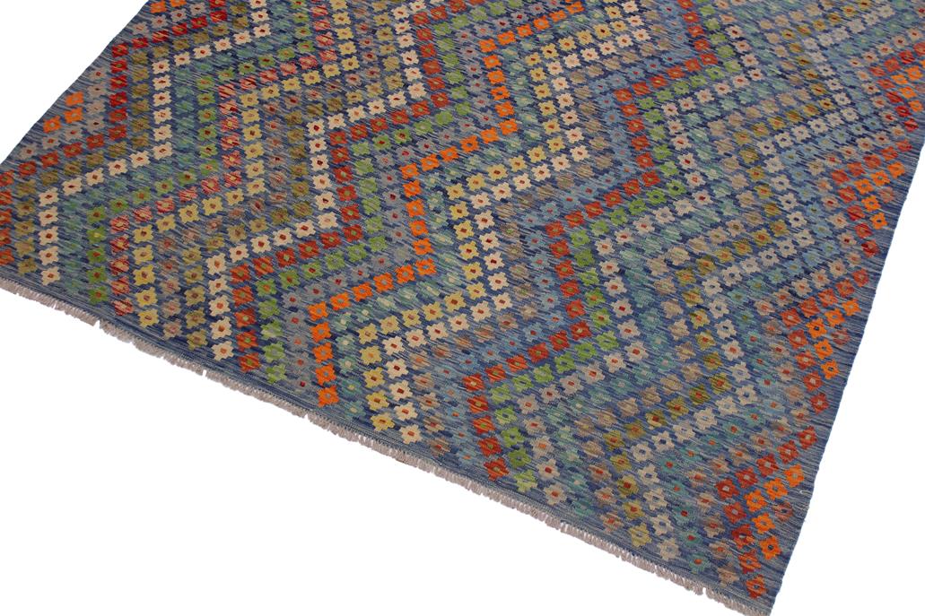 Flat Weave Kilim, Antique, Navaho, Vintage, Handmade, Modern Kilim Blue Red Hand-Woven Rectangle 100% Wool Area Rug 7 x 10