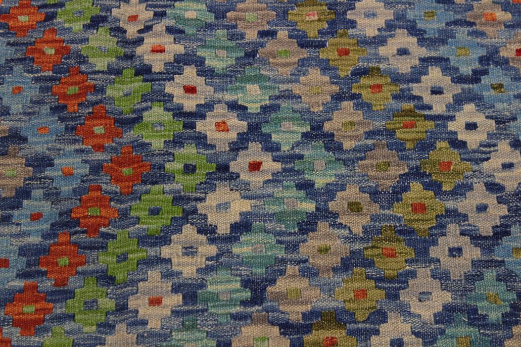 Flat Weave Kilim, Antique, Navaho, Vintage, Handmade, Modern Kilim Blue Red Hand-Woven Rectangle 100% Wool Area Rug 7 x 10