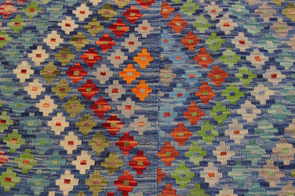 Flat Weave Kilim, Antique, Navaho, Vintage, Handmade, Modern Kilim Blue Red Hand-Woven Rectangle 100% Wool Area Rug 7 x 10