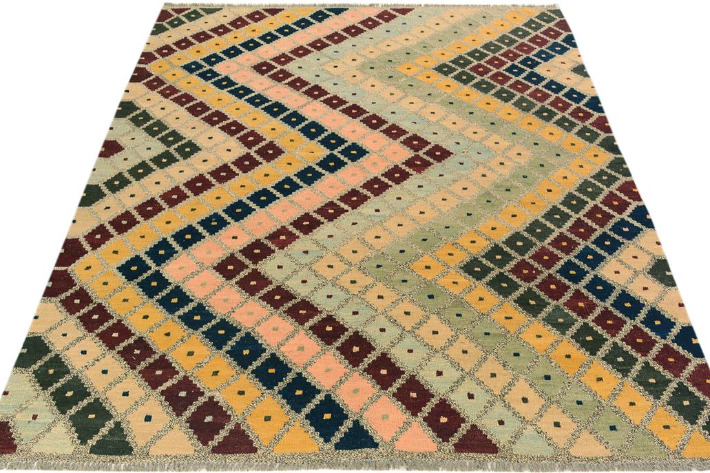 Flat Weave Kilim, Antique, Navaho, Vintage, Handmade, Modern Kilim Gray Gold Hand-Woven Rectangle 100% Wool Area Rug 5 x 7