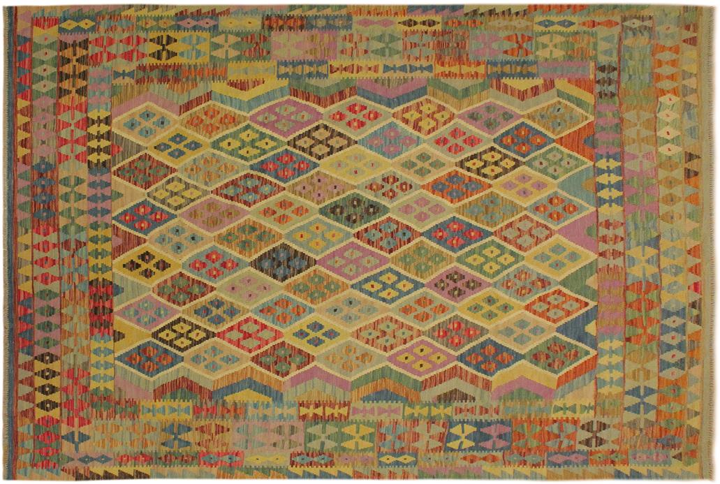 Flat Weave Kilim, Antique, Navaho, Vintage, Handmade, Geometric Kilim Blue Beige Hand-Woven Rectangle 100% Wool Area Rug 7 x 10