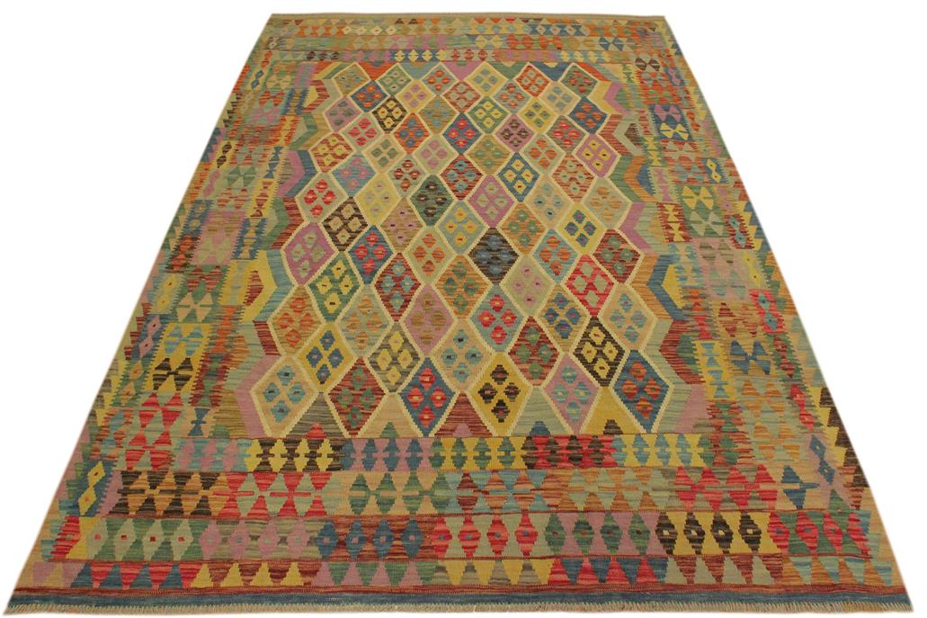 Flat Weave Kilim, Antique, Navaho, Vintage, Handmade, Geometric Kilim Blue Beige Hand-Woven Rectangle 100% Wool Area Rug 7 x 10