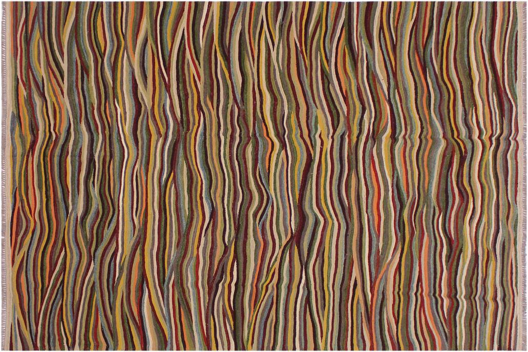 Flat Weave Kilim, Antique, Navaho, Vintage, Handmade, Modern Kilim Beige Blue Hand-Woven Rectangle 100% Wool Area Rug 6 x 8