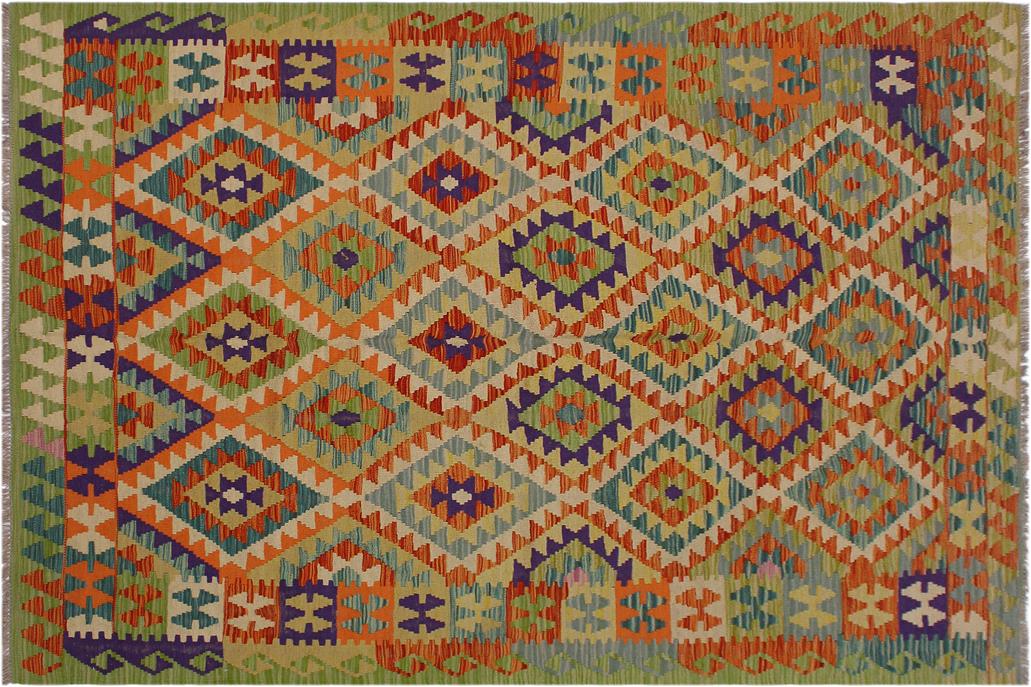 Flat Weave Kilim, Antique, Navaho, Vintage, Handmade, Geometric Kilim Beige Rust Hand-Woven Rectangle 100% Wool Area Rug 5 x 8
