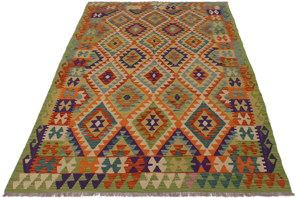 Flat Weave Kilim, Antique, Navaho, Vintage, Handmade, Geometric Kilim Beige Rust Hand-Woven Rectangle 100% Wool Area Rug 5 x 8
