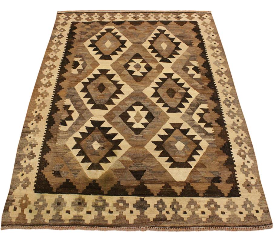 Flat Weave Kilim, Antique, Navaho, Vintage, Handmade, Geometric Kilim Beige Brown Hand-Woven Rectangle 100% Wool Area Rug 4 x 6