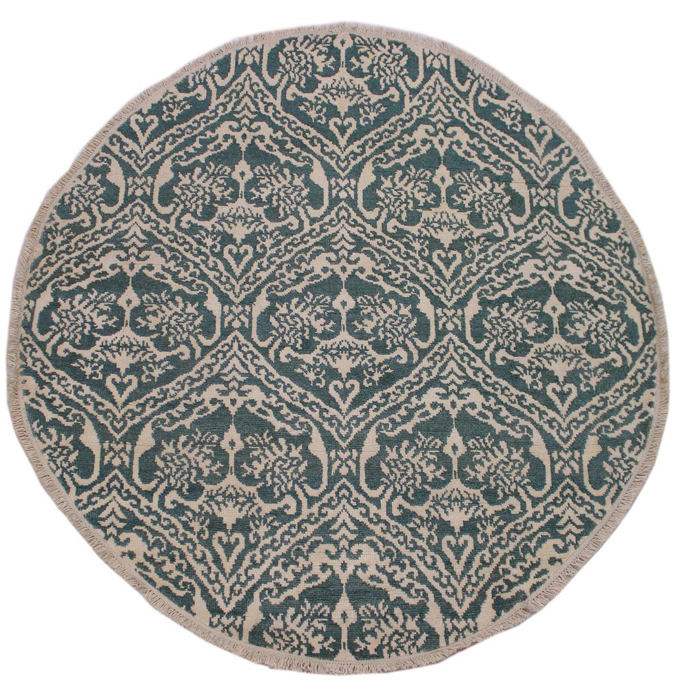 A10456, 6 1"x 6 1",Traditional ,6x6,Green,IVORY,Hand-knotted ,Pakistan ,Wool&silk ,Round ,652671191886