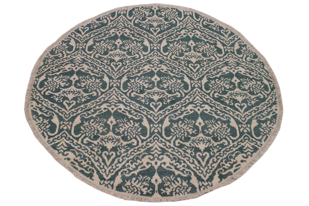 A10456, 6 1"x 6 1",Traditional ,6x6,Green,IVORY,Hand-knotted ,Pakistan ,Wool&silk ,Round ,652671191886