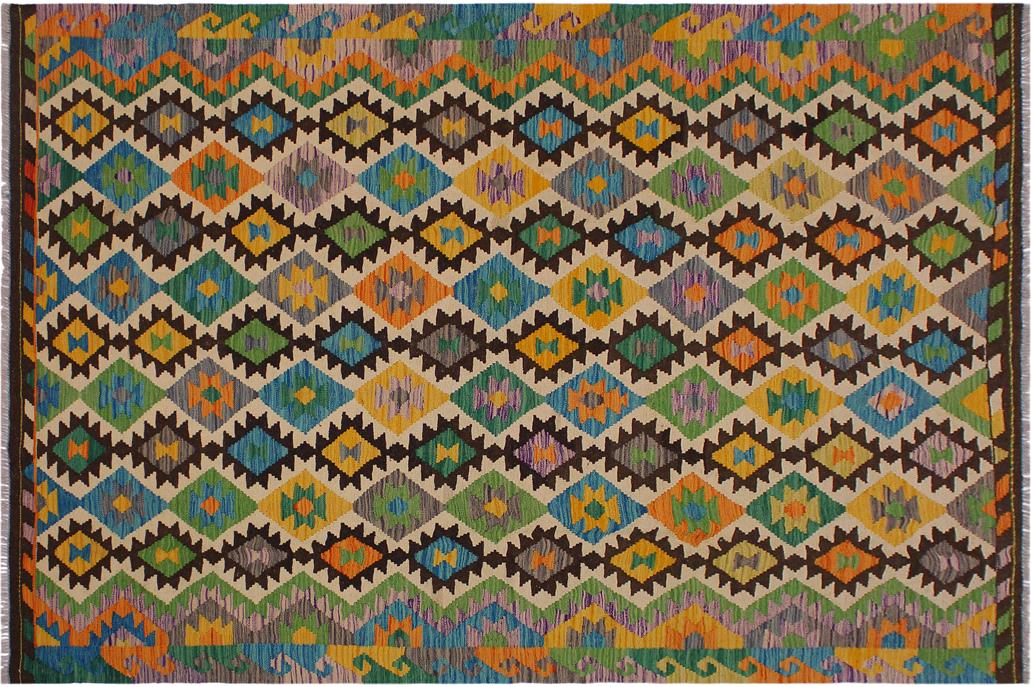 Flat Weave Kilim, Antique, Navaho, Vintage, Handmade, Geometric Kilim Brown Beige Hand-Woven Rectangle 100% Wool Area Rug 6 x 8