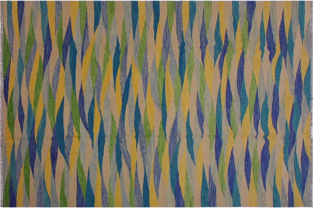 Flat Weave Kilim, Antique, Navaho, Vintage, Handmade, Modern Kilim Blue Gray Hand-Woven Rectangle 100% Wool Area Rug 7 x 10