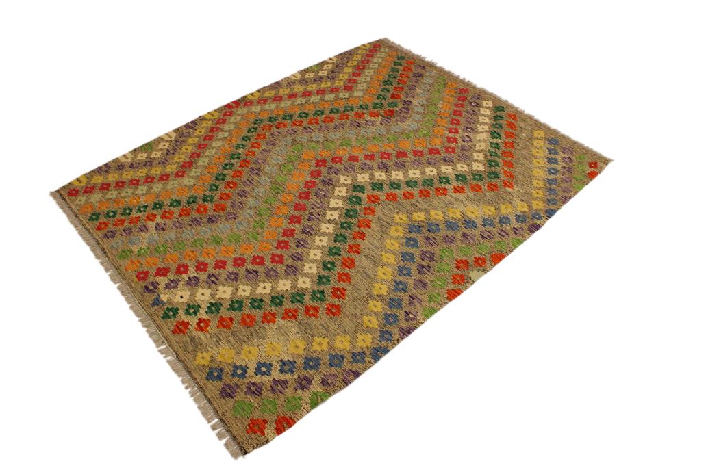Flat Weave Kilim, Antique, Navaho, Vintage, Handmade, Modern Kilim Brown Green Hand-Woven Rectangle 100% Wool Area Rug 5 x 7