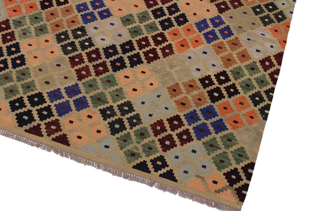 Flat Weave Kilim, Antique, Navaho, Vintage, Handmade, Modern Kilim Tan Blue Hand-Woven Rectangle 100% Wool Area Rug 5 x 7