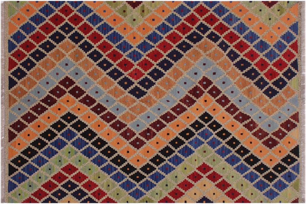 Flat Weave Kilim, Antique, Navaho, Vintage, Handmade, Modern Kilim Gray Red Hand-Woven Rectangle 100% Wool Area Rug 5 x 6