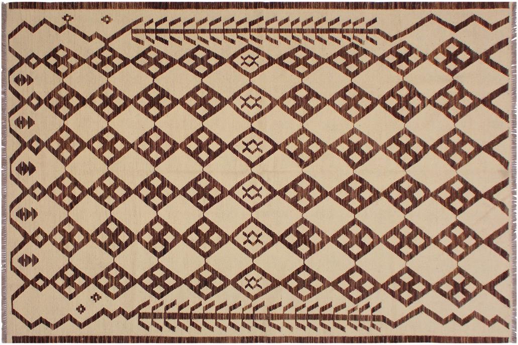 Flat Weave Kilim, Antique, Navaho, Vintage, Handmade, Modern Kilim Beige Brown Hand-Woven Rectangle 100% Wool Area Rug 6 x 8