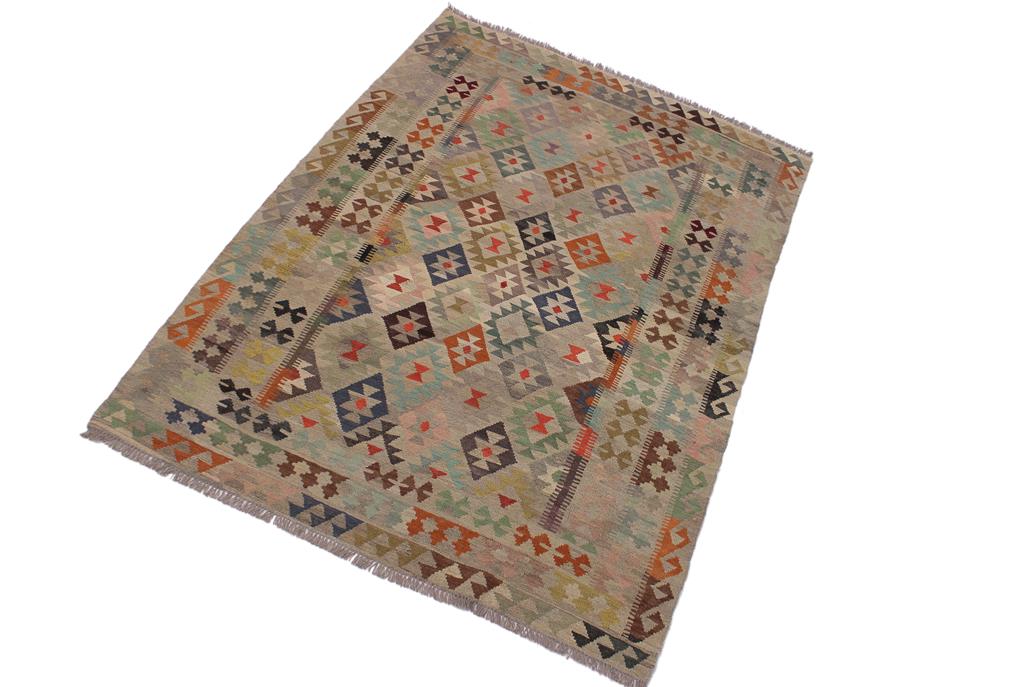 Flat Weave Kilim, Antique, Navaho, Vintage, Handmade, Geometric Kilim Tan Gray Hand-Woven Rectangle 100% Wool Area Rug 6 x 8