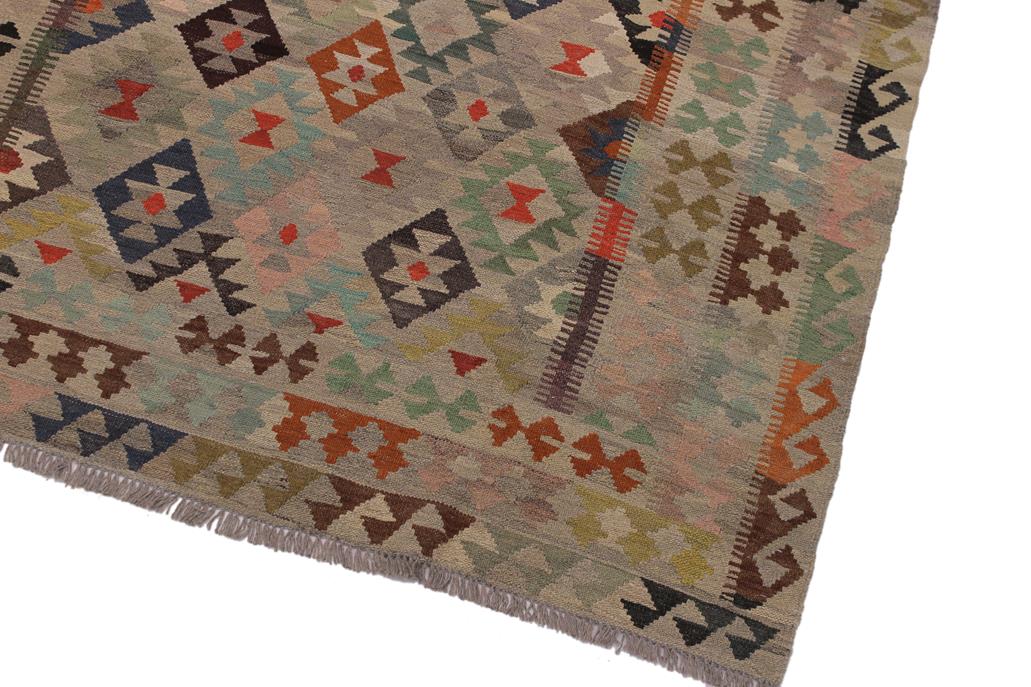 Flat Weave Kilim, Antique, Navaho, Vintage, Handmade, Geometric Kilim Tan Gray Hand-Woven Rectangle 100% Wool Area Rug 6 x 8
