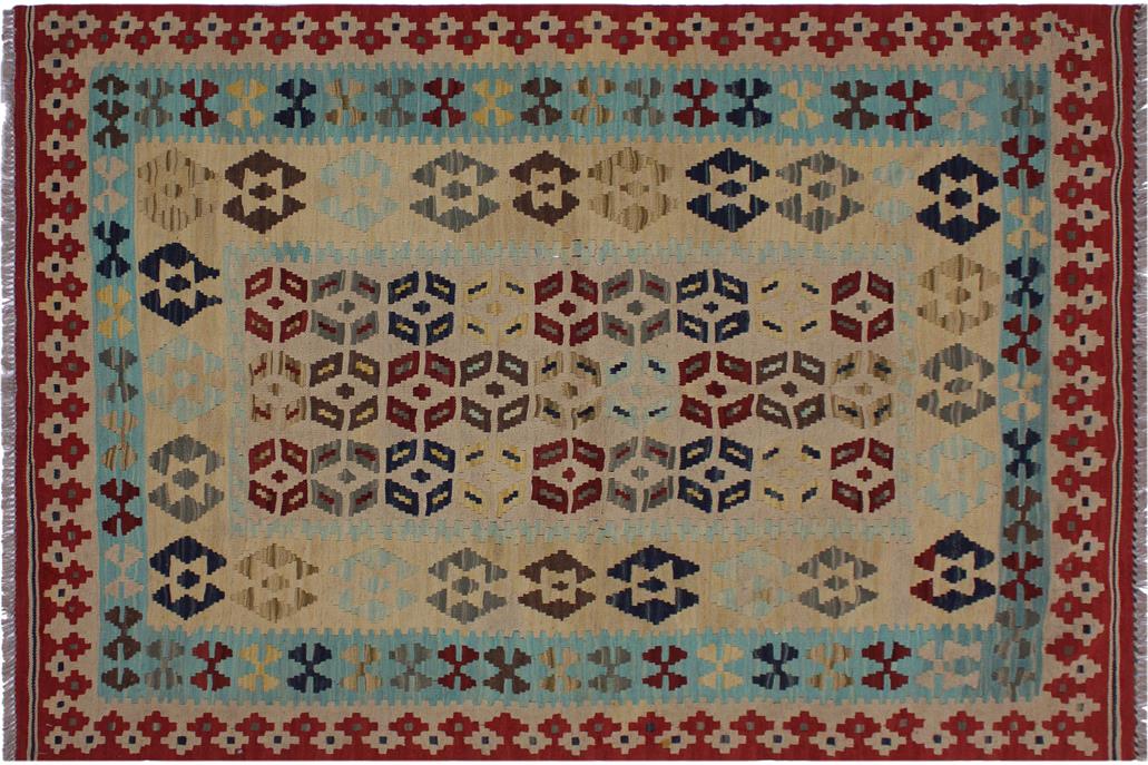 Flat Weave Kilim, Antique, Navaho, Vintage, Handmade, Modern Kilim Tan Red Hand-Woven Rectangle 100% Wool Area Rug 5 x 7