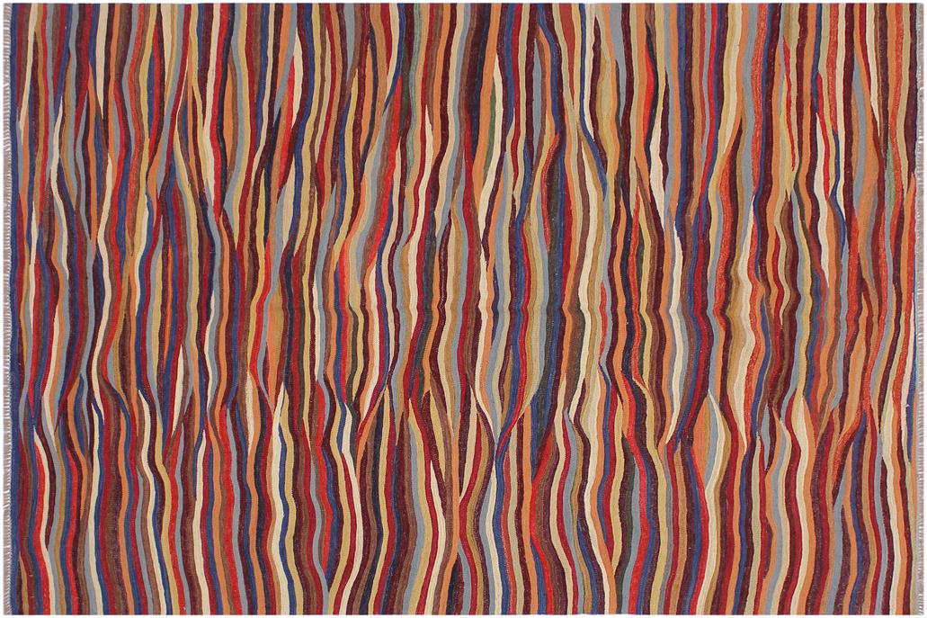 Flat Weave Kilim, Antique, Navaho, Vintage, Handmade, Modern Kilim Red Blue Hand-Woven Rectangle 100% Wool Area Rug 6 x 8