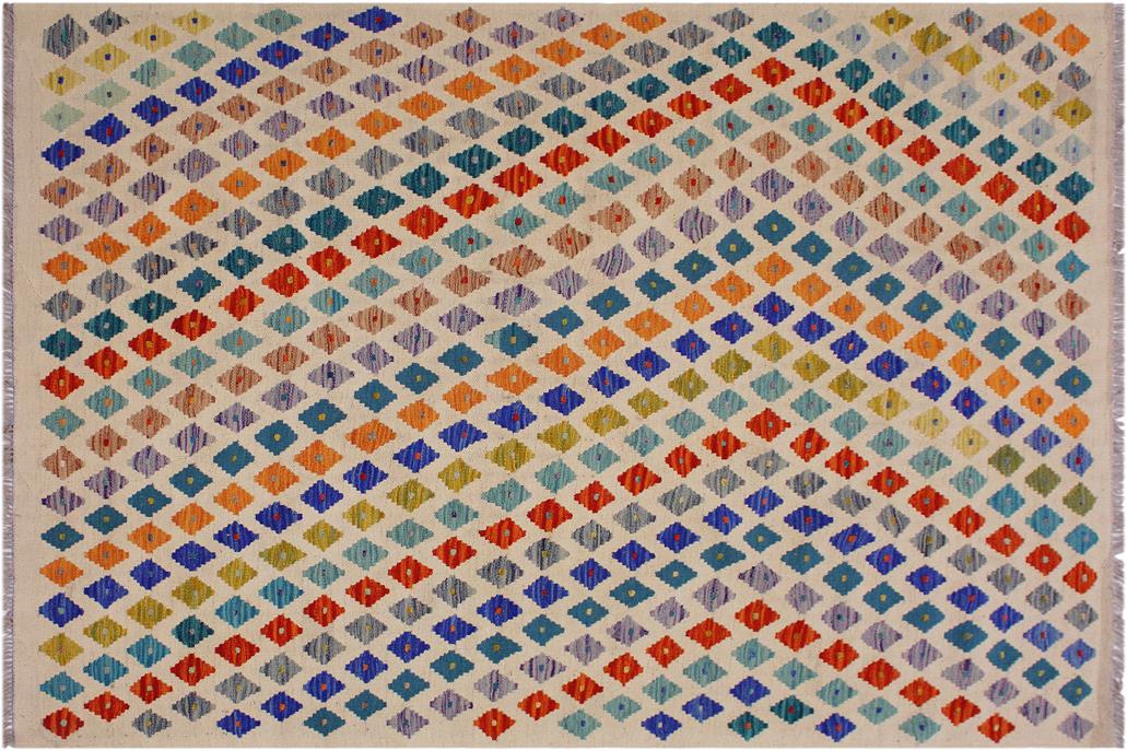 Flat Weave Kilim, Antique, Navaho, Vintage, Handmade, Modern Kilim Beige Rust Hand-Woven Rectangle 100% Wool Area Rug 5 x 7