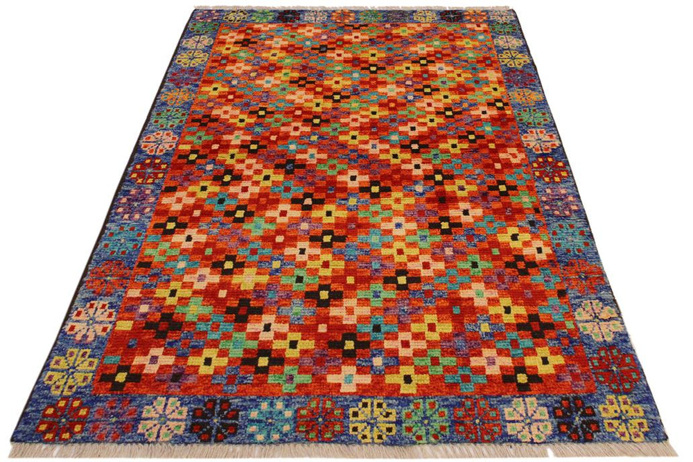 handmade Geometric Balouchi Orange Blue Hand Knotted RECTANGLE 100% WOOL area rug 3x5
