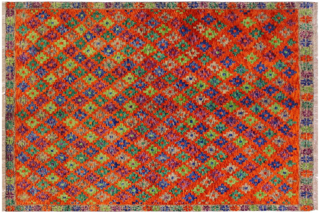 handmade Geometric Balouchi Orange Green Hand Knotted RECTANGLE 100% WOOL area rug 5' x 6'