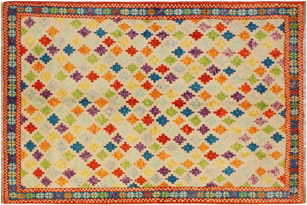 handmade Geometric Balouchi Beige Teal Hand Knotted RECTANGLE 100% WOOL area rug 5' x 7'