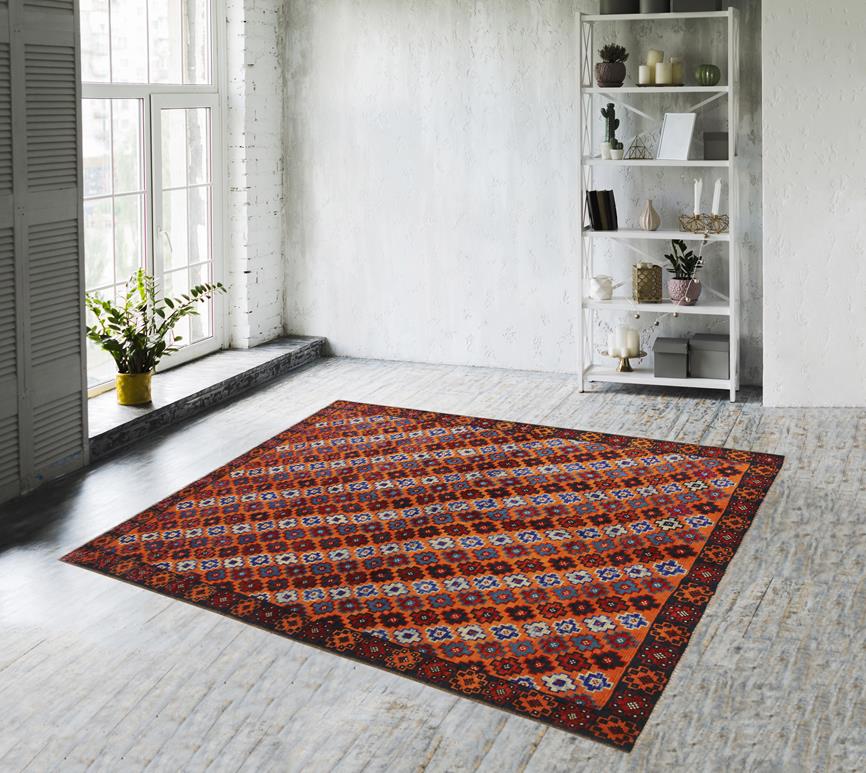 handmade Geometric Balouchi Orange Black Hand Knotted RECTANGLE 100% WOOL area rug 5' x 7'