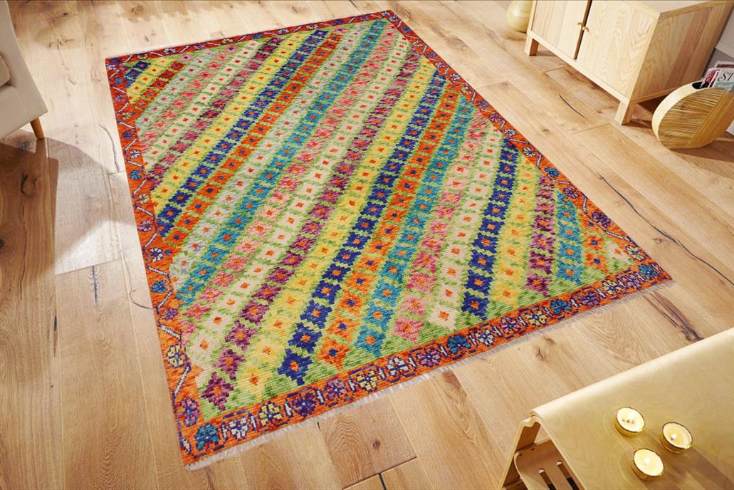 handmade Geometric Balouchi Green Orange Hand Knotted RECTANGLE 100% WOOL area rug 5' x 7'