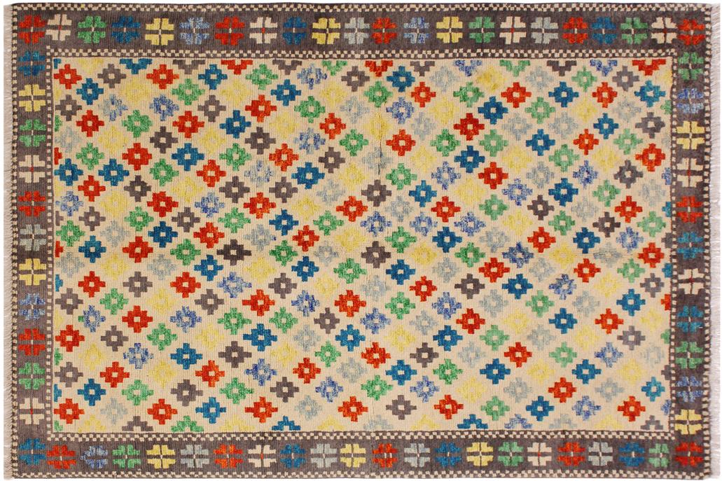 handmade Geometric Balouchi Beige Gray Hand Knotted RECTANGLE 100% WOOL area rug 5' x 7'