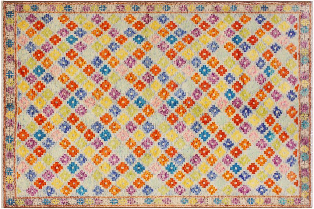 handmade Geometric Balouchi Blue Gray Hand Knotted RECTANGLE 100% WOOL area rug 6' x 8'